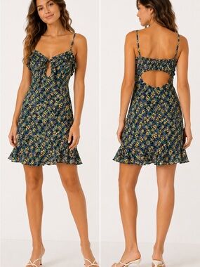 Lush NWOT Floral Cutout Back Mini Dress Blue Yellow Floral Tie Front Size Small
